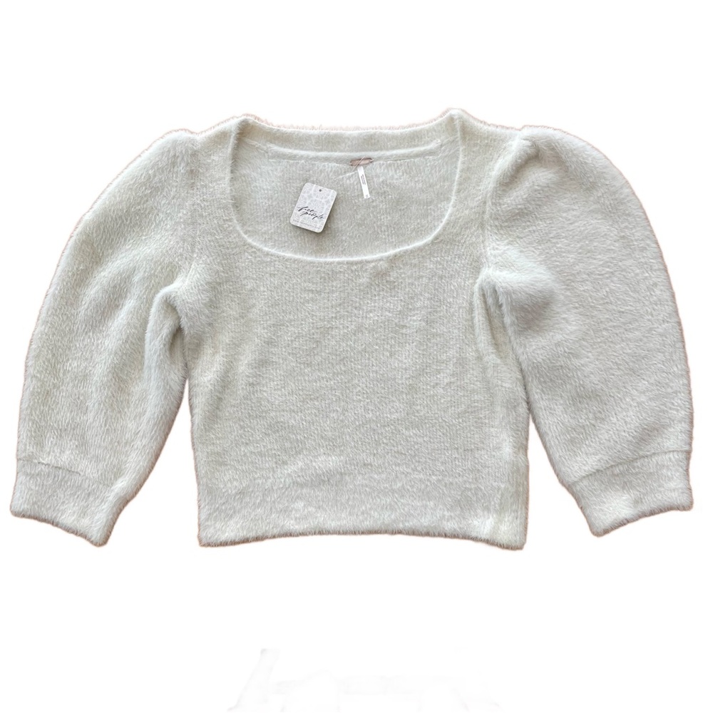 Free People Moonbeam Fuzzy Cropped Ivory Sweater Womens Medium Puffed Sleeves